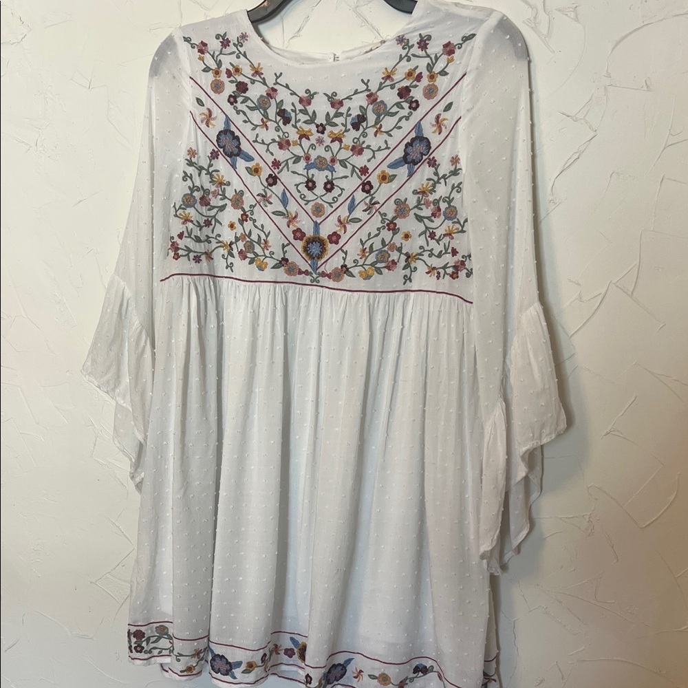 Vintage In Loom Floral Embroidered White Tunic Top w Swiss Dot, Sz Small